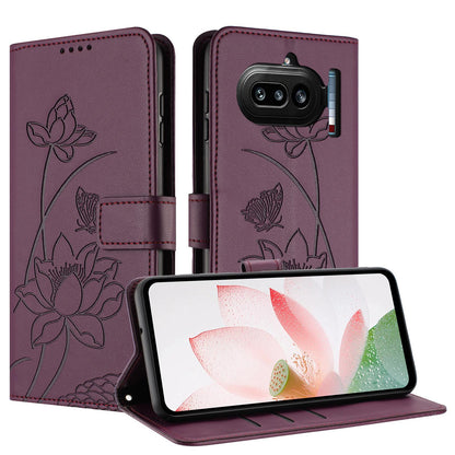 Nothing Phone 4a Lotus Embossed PU Leather Wallet Phone Case with Card Holder, Cash Pocket, Magnetic Flip Stand Cover, Wrist Lanyard Strap, Shockproof TPU Protective Folio Case - Purple