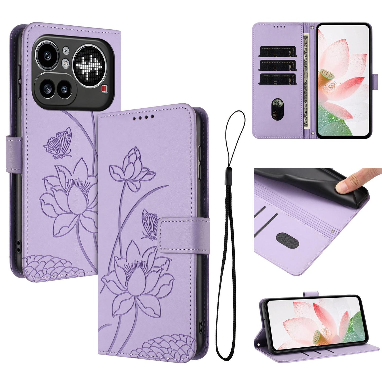 Nothing Phone 4a Pro Lotus Embossed PU Leather Wallet Phone Case with Card Holder, Cash Pocket, Magnetic Flip Stand Cover, Wrist Lanyard Strap, Shockproof TPU Protective Folio Case - Purple