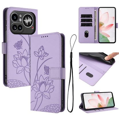 Nothing Phone 4a Pro Lotus Embossed PU Leather Wallet Phone Case with Card Holder, Cash Pocket, Magnetic Flip Stand Cover, Wrist Lanyard Strap, Shockproof TPU Protective Folio Case - Purple