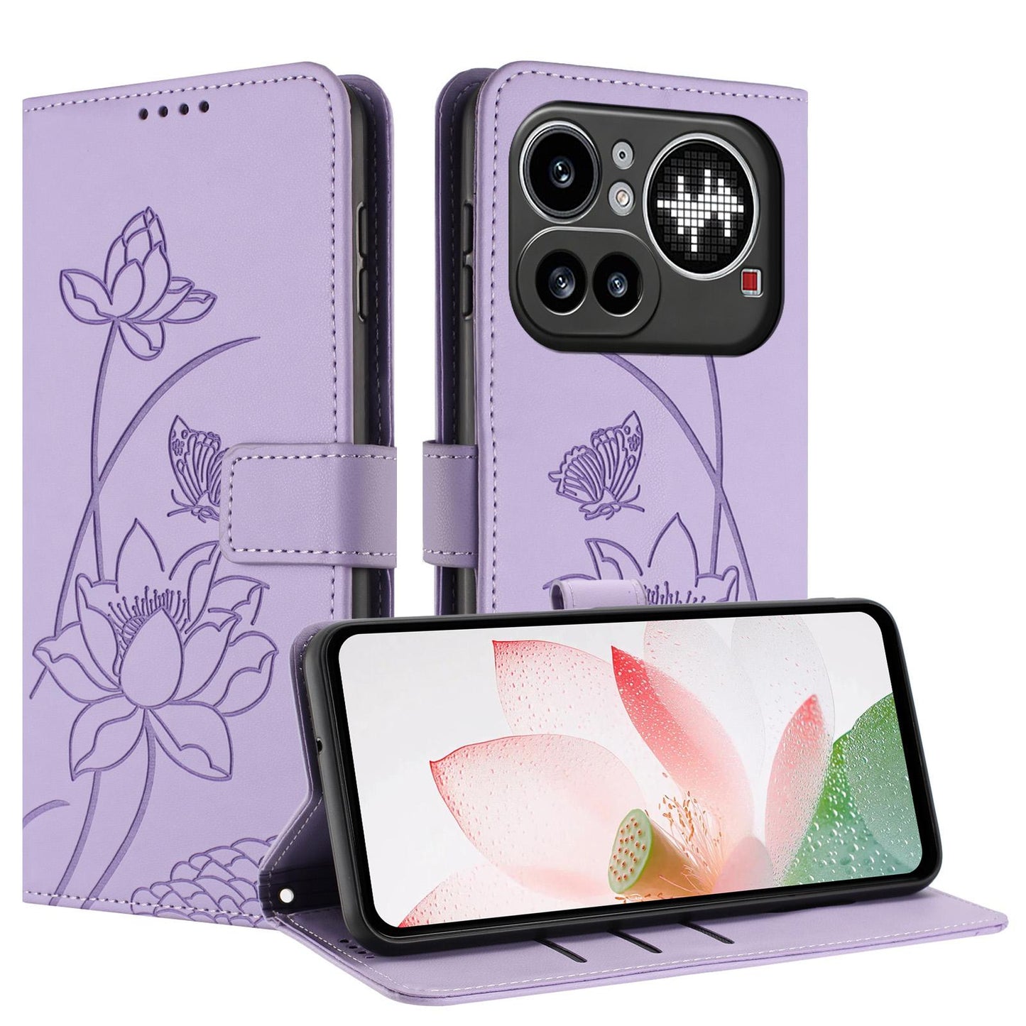 Nothing Phone 4a Pro Lotus Embossed PU Leather Wallet Phone Case with Card Holder, Cash Pocket, Magnetic Flip Stand Cover, Wrist Lanyard Strap, Shockproof TPU Protective Folio Case - Purple
