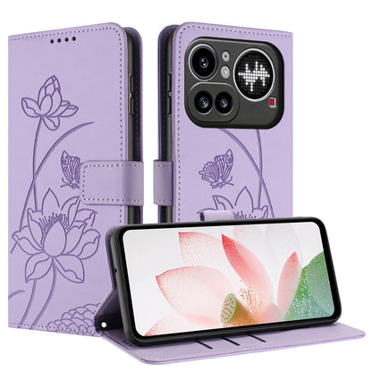 Nothing Phone 4a Pro Lotus Embossed PU Leather Wallet Phone Case with Card Holder, Cash Pocket, Magnetic Flip Stand Cover, Wrist Lanyard Strap, Shockproof TPU Protective Folio Case - Purple