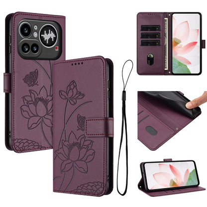 Nothing Phone 4a Pro Lotus Embossed PU Leather Wallet Phone Case with Card Holder, Cash Pocket, Magnetic Flip Stand Cover, Wrist Lanyard Strap, Shockproof TPU Protective Folio Case - Purple