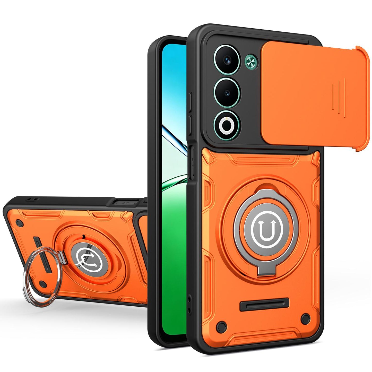 OPPO A5 5G Magnetic Sliding Camshield Holder Phone Case with Lens Protection Cover, Built-in Kickstand, Shockproof PC TPU Back Cover, Car Mount Compatible Protective Case