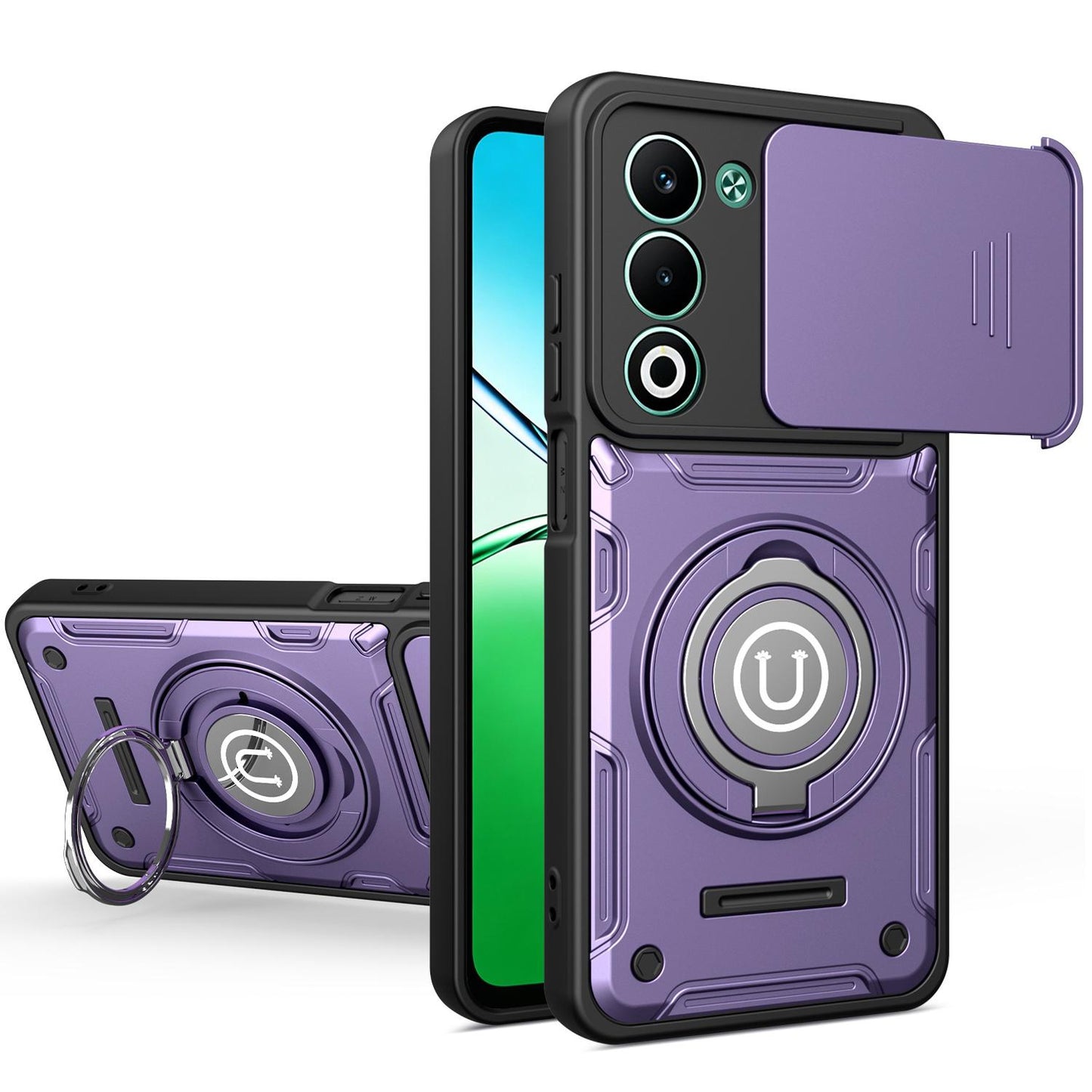 OPPO A5 5G Magnetic Sliding Camshield Holder Phone Case with Lens Protection Cover, Built-in Kickstand, Shockproof PC TPU Back Cover, Car Mount Compatible Protective Case