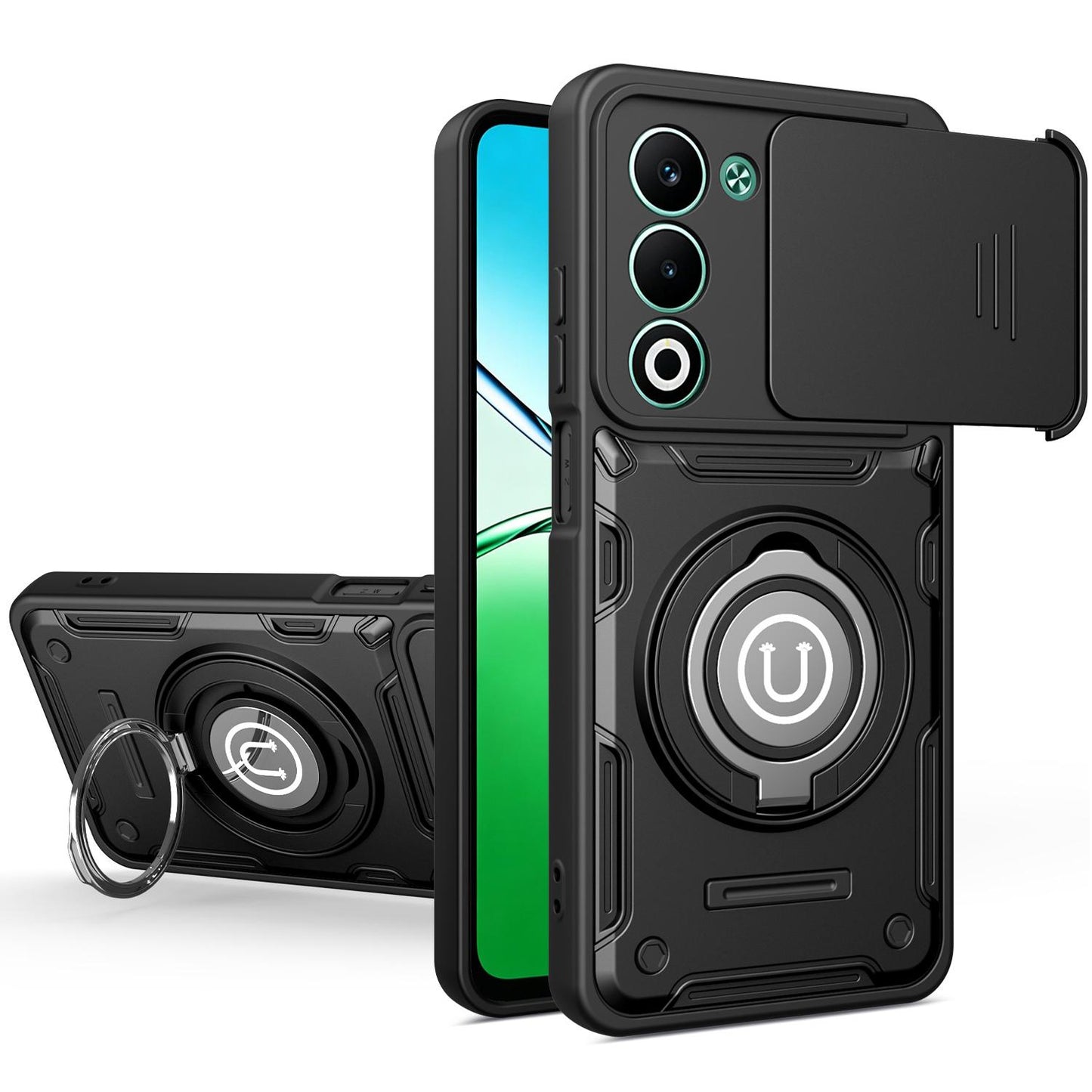 OPPO A5 5G Magnetic Sliding Camshield Holder Phone Case with Lens Protection Cover, Built-in Kickstand, Shockproof PC TPU Back Cover, Car Mount Compatible Protective Case