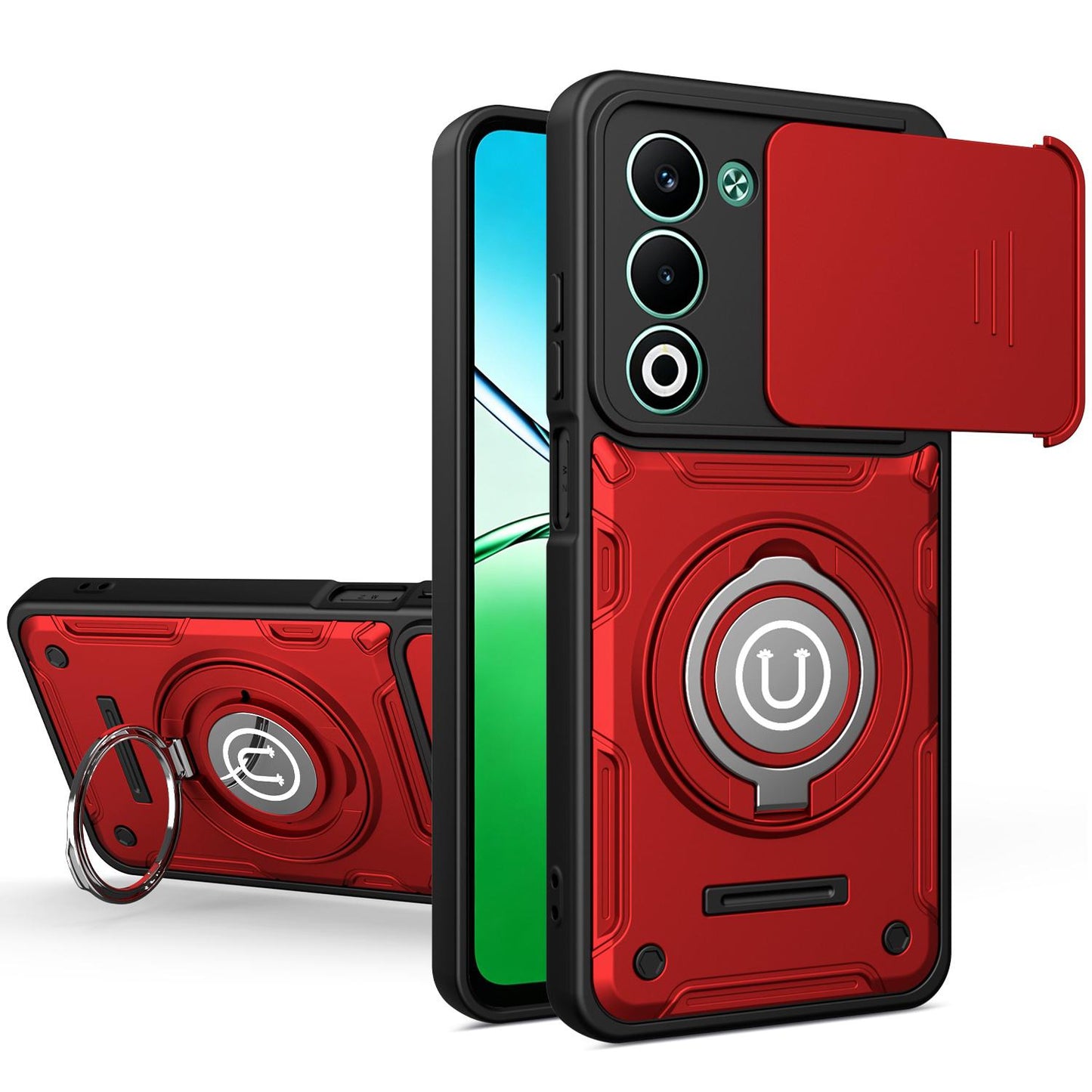 OPPO A5 5G Magnetic Sliding Camshield Holder Phone Case with Lens Protection Cover, Built-in Kickstand, Shockproof PC TPU Back Cover, Car Mount Compatible Protective Case