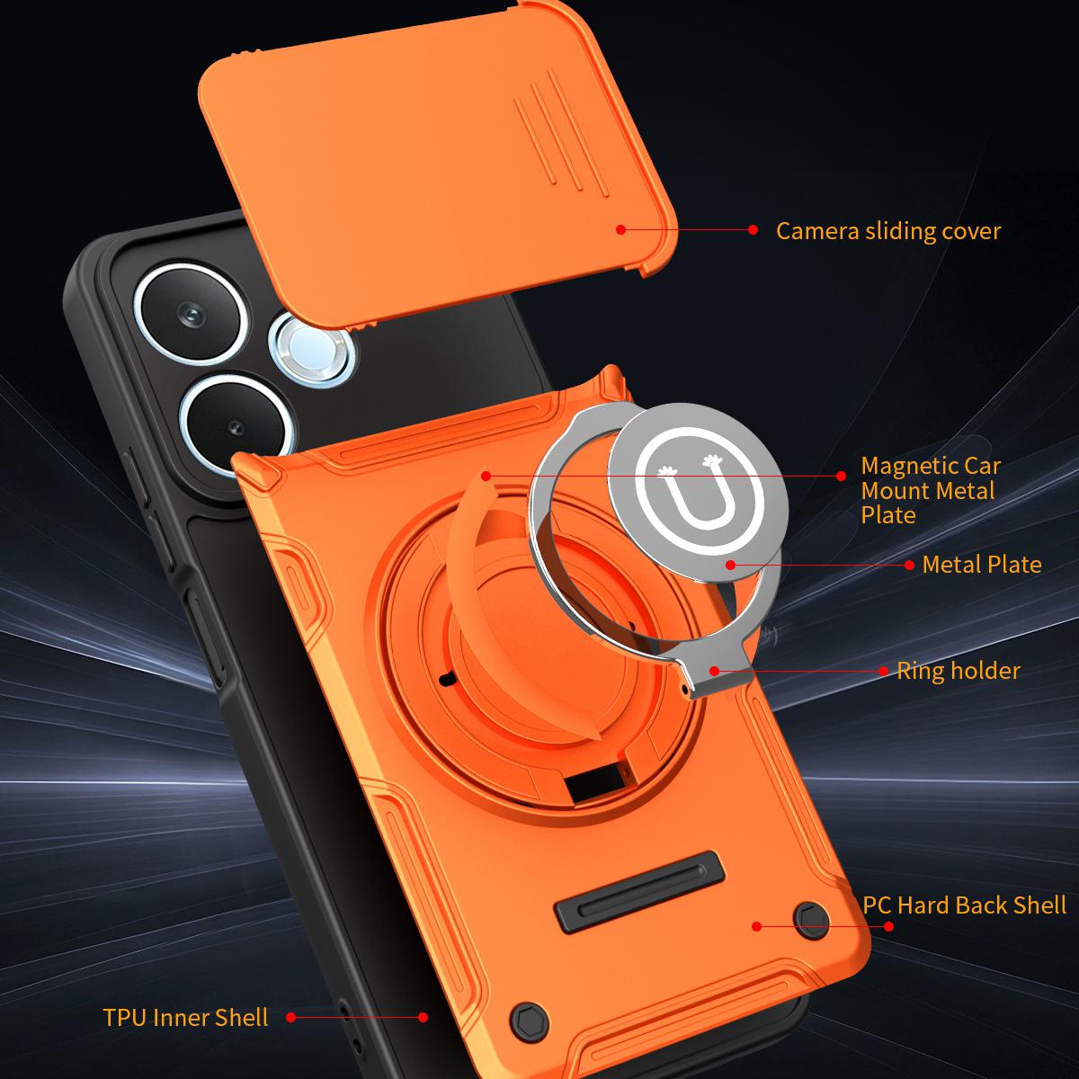 OPPO A5 Pro 5G 2025 Magnetic Sliding Camshield Holder Phone Case with Lens Protection Cover, Built-in Kickstand, Shockproof PC TPU Back Cover, Car Mount Compatible Protective Case