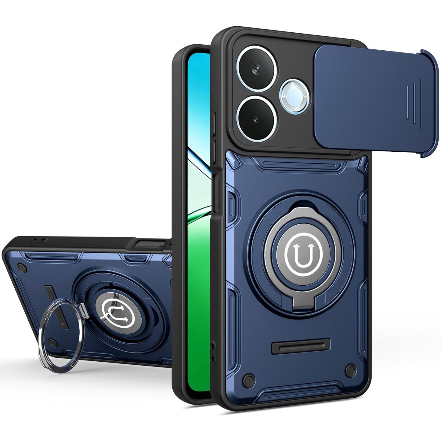 OPPO A5 Pro 5G 2025 Magnetic Sliding Camshield Holder Phone Case with Lens Protection Cover, Built-in Kickstand, Shockproof PC TPU Back Cover, Car Mount Compatible Protective Case