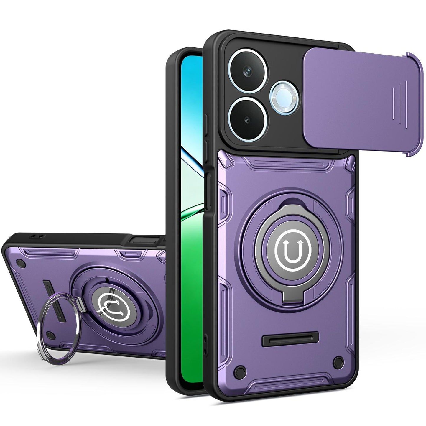 OPPO A5 Pro 5G 2025 Magnetic Sliding Camshield Holder Phone Case with Lens Protection Cover, Built-in Kickstand, Shockproof PC TPU Back Cover, Car Mount Compatible Protective Case