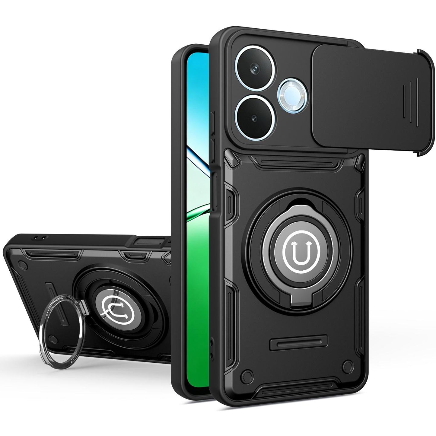 OPPO A5 Pro 5G 2025 Magnetic Sliding Camshield Holder Phone Case with Lens Protection Cover, Built-in Kickstand, Shockproof PC TPU Back Cover, Car Mount Compatible Protective Case