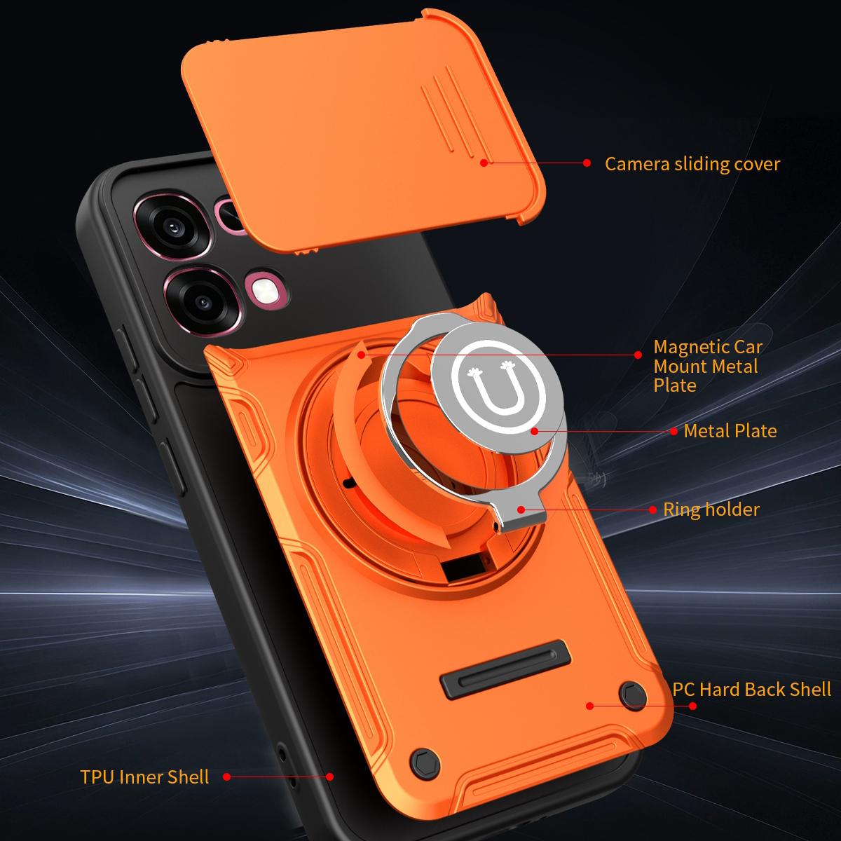 OPPO F31 5G Magnetic Sliding Camshield Holder Phone Case with Lens Protection Cover, Built-in Kickstand, Shockproof PC TPU Back Cover, Car Mount Compatible Protective Case
