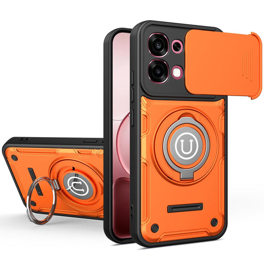 OPPO A6 Pro Magnetic Sliding Camshield Holder Phone Case with Lens Protection Cover, Built-in Kickstand, Shockproof PC TPU Back Cover, Car Mount Compatible Protective Case