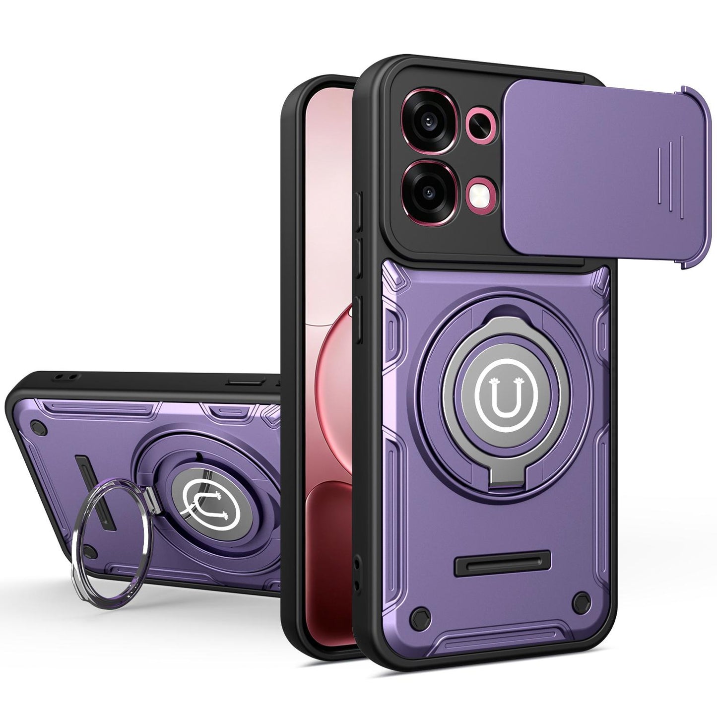 OPPO F31 5G Magnetic Sliding Camshield Holder Phone Case with Lens Protection Cover, Built-in Kickstand, Shockproof PC TPU Back Cover, Car Mount Compatible Protective Case