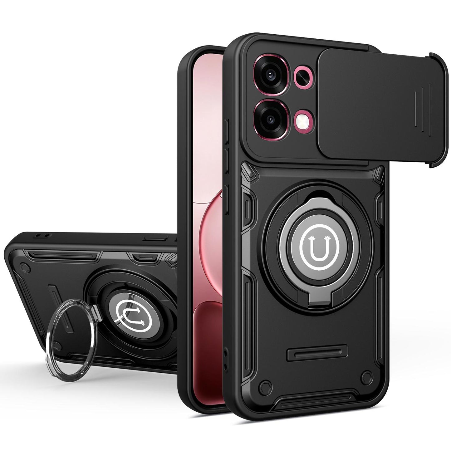 OPPO F31 5G Magnetic Sliding Camshield Holder Phone Case with Lens Protection Cover, Built-in Kickstand, Shockproof PC TPU Back Cover, Car Mount Compatible Protective Case
