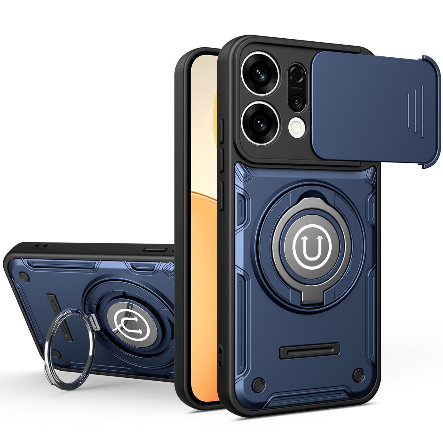 OPPO Reno14 5G Magnetic Sliding Camshield Holder Phone Case with Lens Protection Cover, Built-in Kickstand, Shockproof PC TPU Back Cover, Car Mount Compatible Protective Case