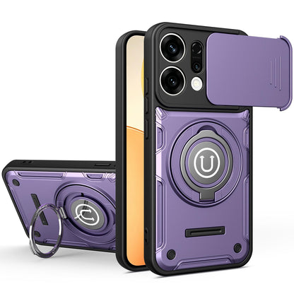 OPPO Reno14 5G Magnetic Sliding Camshield Holder Phone Case with Lens Protection Cover, Built-in Kickstand, Shockproof PC TPU Back Cover, Car Mount Compatible Protective Case