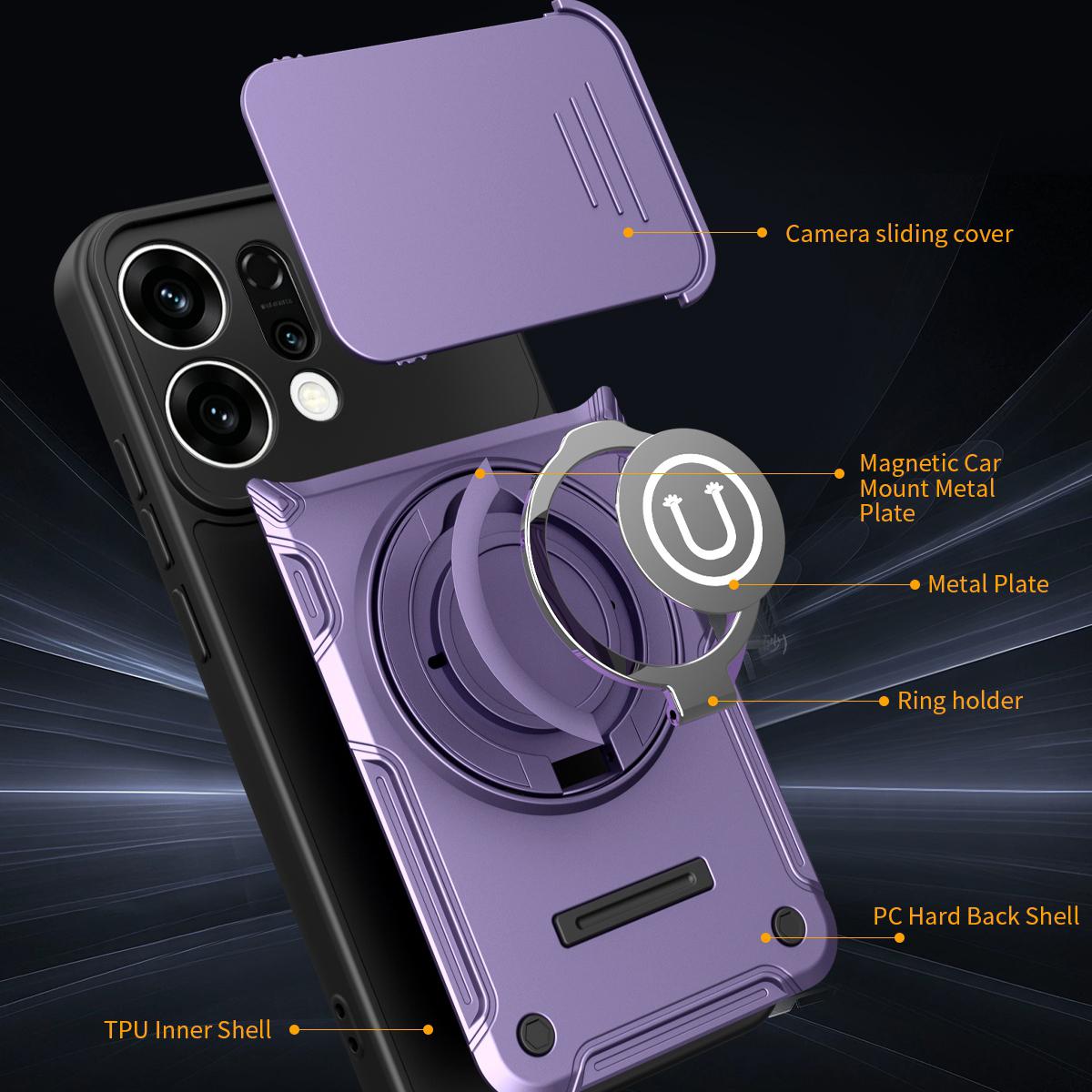 OPPO Reno14 5G Magnetic Sliding Camshield Holder Phone Case with Lens Protection Cover, Built-in Kickstand, Shockproof PC TPU Back Cover, Car Mount Compatible Protective Case