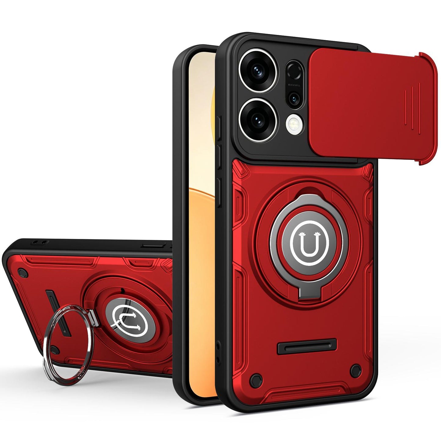 OPPO Reno14 5G Magnetic Sliding Camshield Holder Phone Case with Lens Protection Cover, Built-in Kickstand, Shockproof PC TPU Back Cover, Car Mount Compatible Protective Case