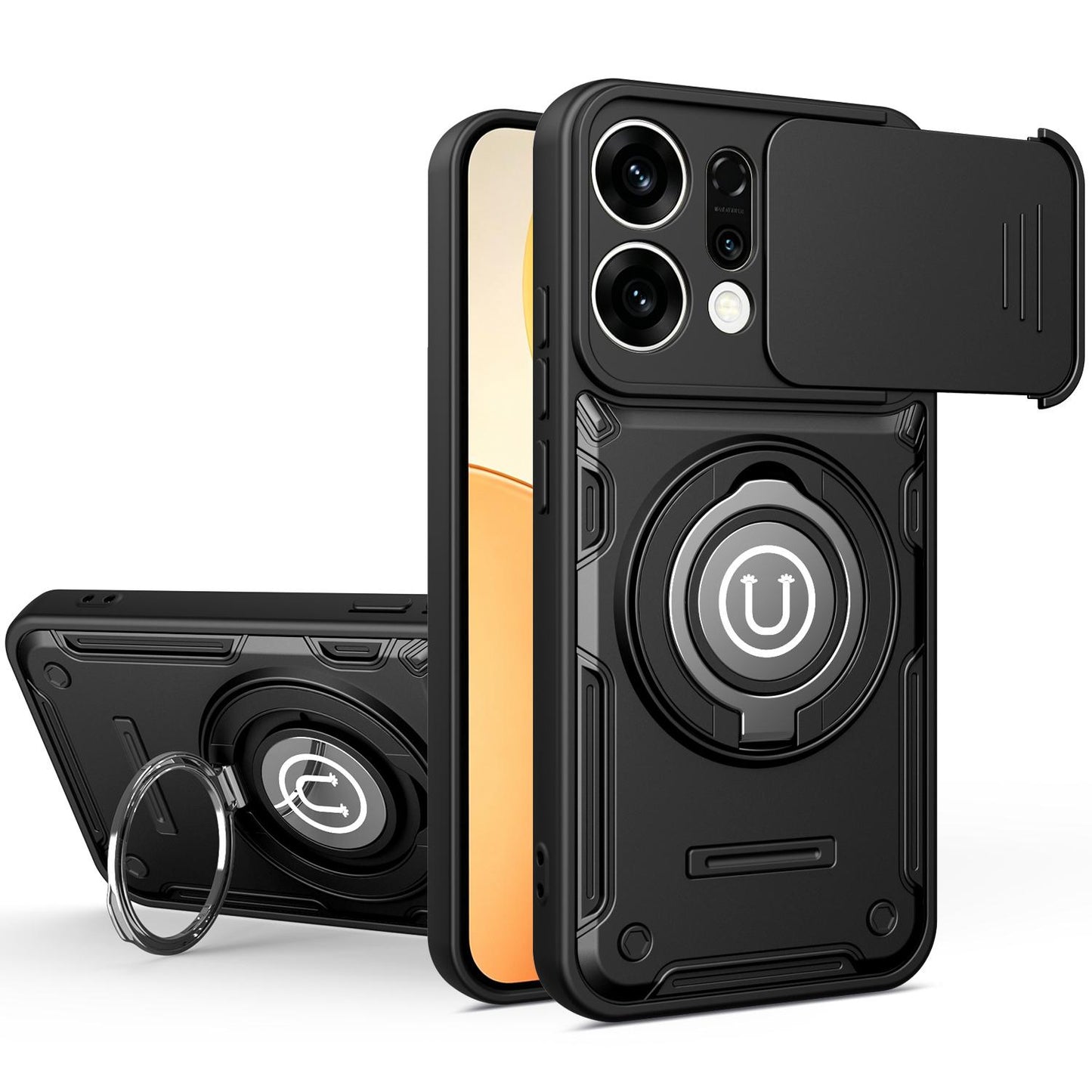 OPPO Reno14 Pro 5G Magnetic Sliding Camshield Holder Phone Case with Lens Protection Cover, Built-in Kickstand, Shockproof PC TPU Back Cover, Car Mount Compatible Protective Case
