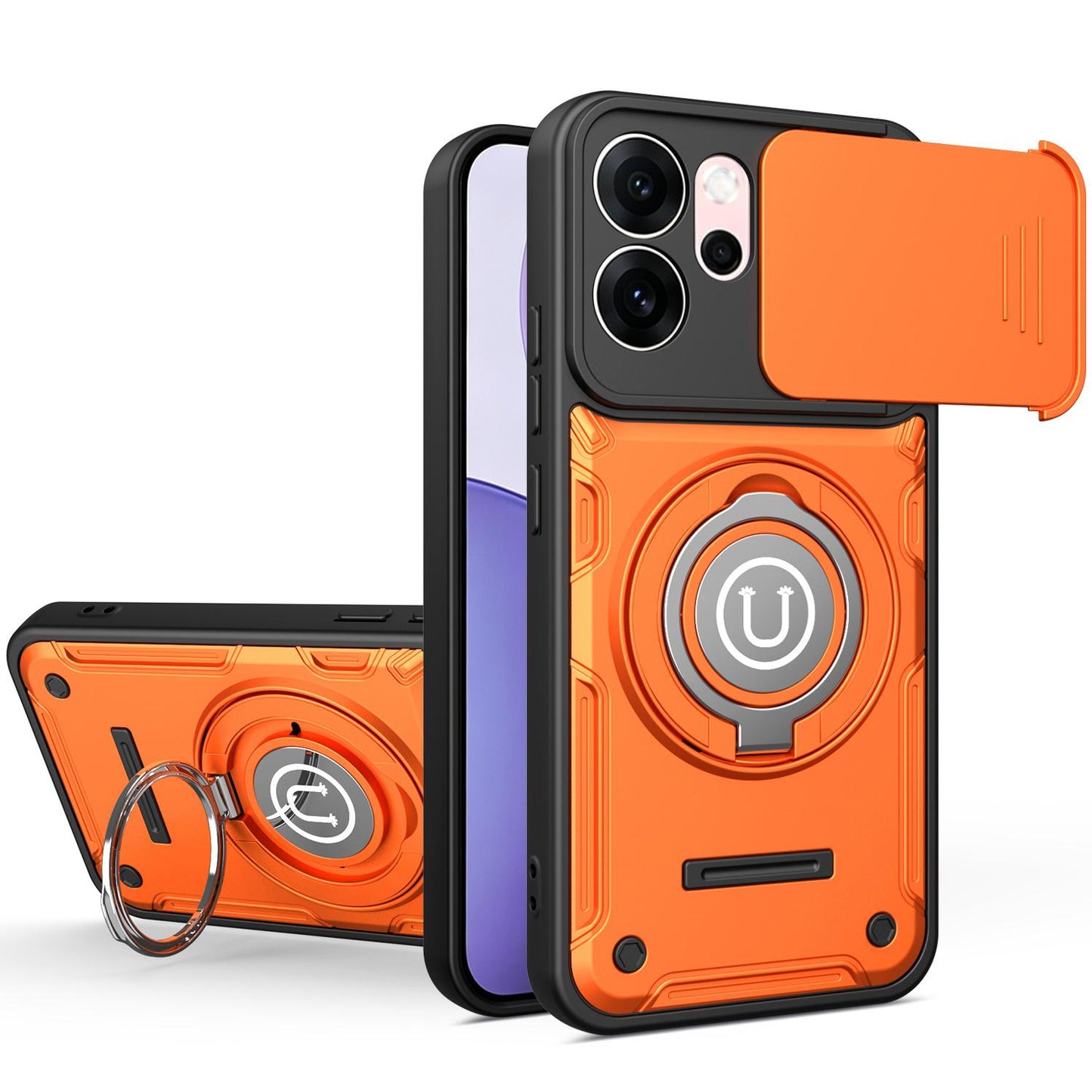 OPPO Reno14 F Magnetic Sliding Camshield Holder Phone Case with Lens Protection Cover, Built-in Kickstand, Shockproof PC TPU Back Cover, Car Mount Compatible Protective Case