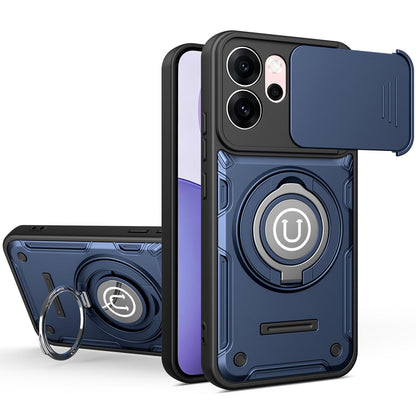 OPPO Reno14 F Magnetic Sliding Camshield Holder Phone Case with Lens Protection Cover, Built-in Kickstand, Shockproof PC TPU Back Cover, Car Mount Compatible Protective Case