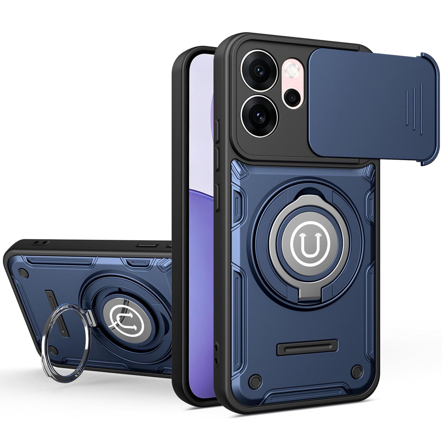 OPPO Reno15 F 5G Magnetic Sliding Camshield Holder Phone Case with Lens Protection Cover, Built-in Kickstand, Shockproof PC TPU Back Cover, Car Mount Compatible Protective Case