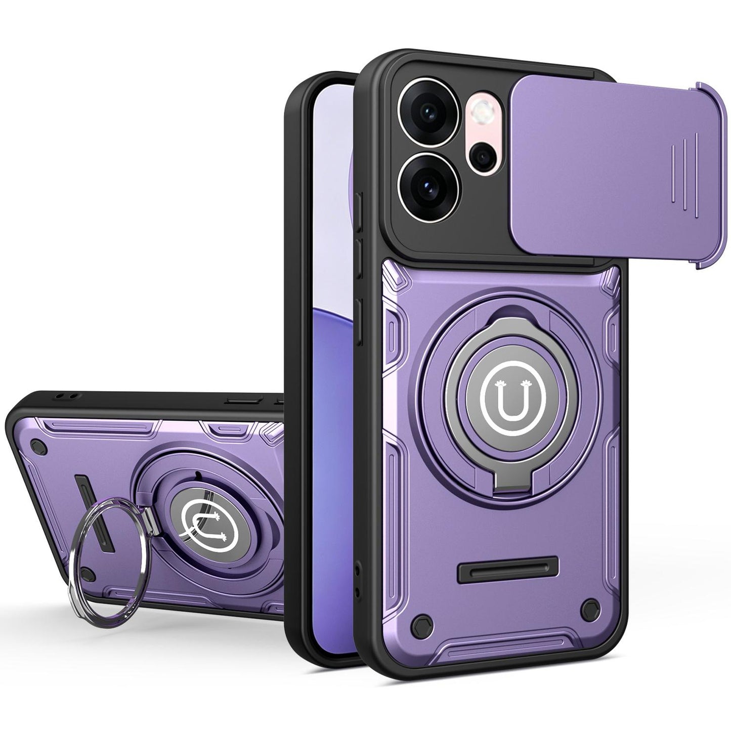 OPPO Reno14 F Magnetic Sliding Camshield Holder Phone Case with Lens Protection Cover, Built-in Kickstand, Shockproof PC TPU Back Cover, Car Mount Compatible Protective Case