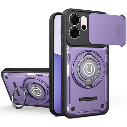 OPPO Reno14 F Magnetic Sliding Camshield Holder Phone Case with Lens Protection Cover, Built-in Kickstand, Shockproof PC TPU Back Cover, Car Mount Compatible Protective Case