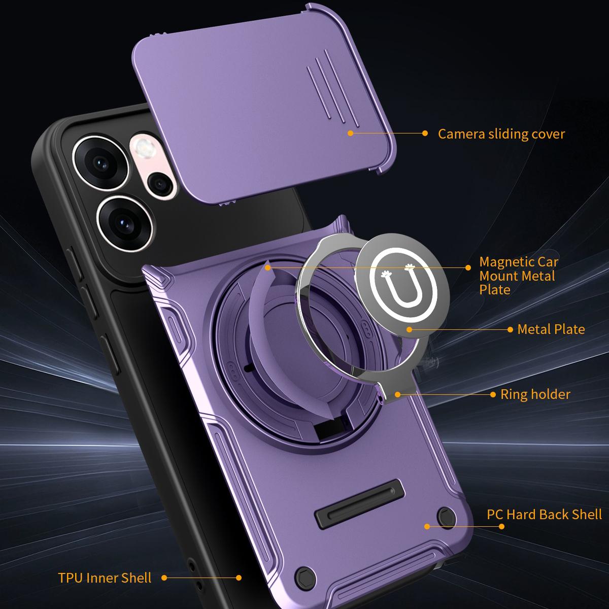 OPPO Reno15 F 5G Magnetic Sliding Camshield Holder Phone Case with Lens Protection Cover, Built-in Kickstand, Shockproof PC TPU Back Cover, Car Mount Compatible Protective Case