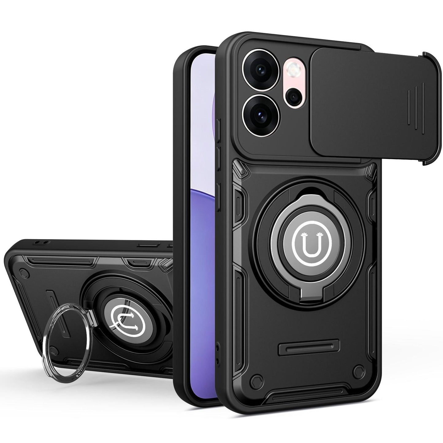 OPPO Reno14 F Magnetic Sliding Camshield Holder Phone Case with Lens Protection Cover, Built-in Kickstand, Shockproof PC TPU Back Cover, Car Mount Compatible Protective Case