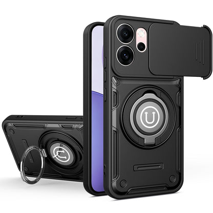 OPPO Reno14 F Magnetic Sliding Camshield Holder Phone Case with Lens Protection Cover, Built-in Kickstand, Shockproof PC TPU Back Cover, Car Mount Compatible Protective Case