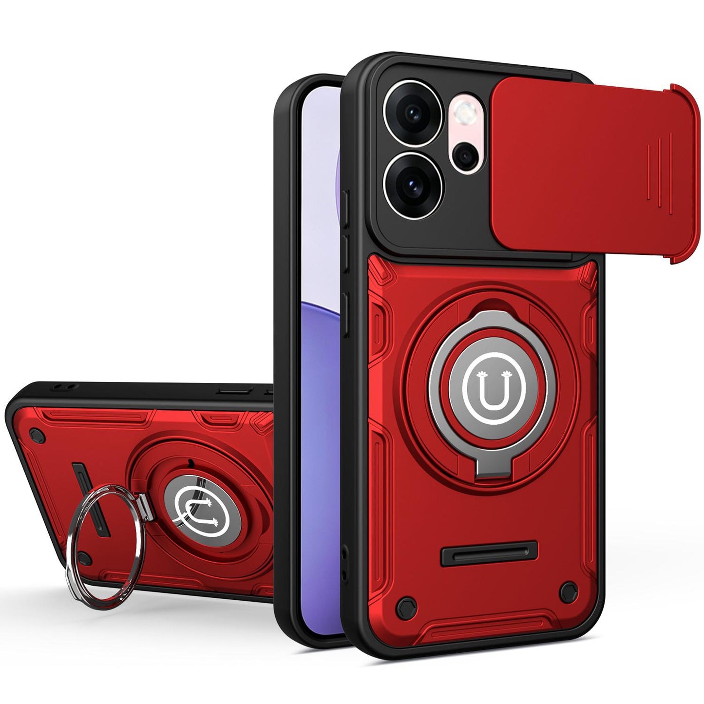 OPPO Reno14 F Magnetic Sliding Camshield Holder Phone Case with Lens Protection Cover, Built-in Kickstand, Shockproof PC TPU Back Cover, Car Mount Compatible Protective Case