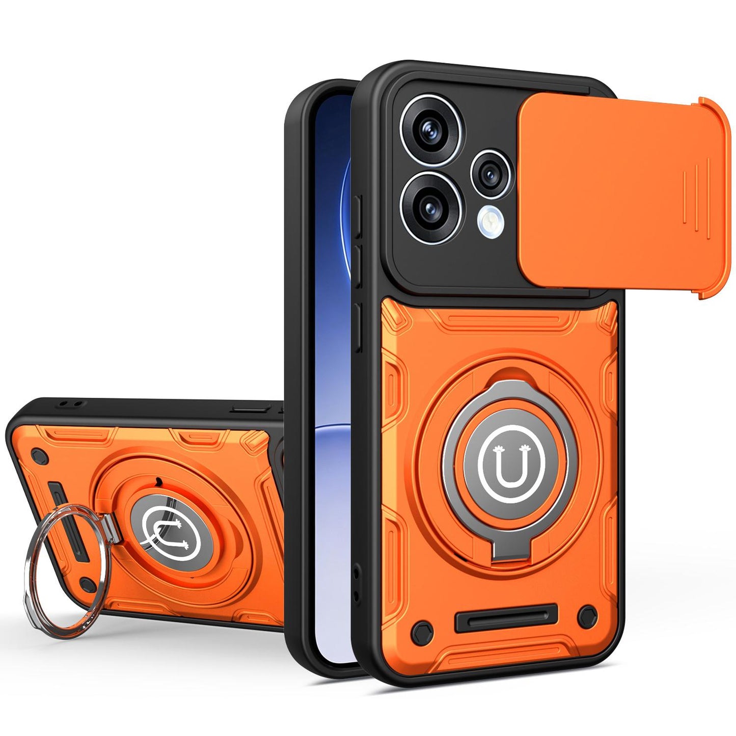 OPPO Reno15 Pro 5G Magnetic Sliding Camshield Holder Phone Case with Lens Protection Cover, Built-in Kickstand, Shockproof PC TPU Back Cover, Car Mount Compatible Protective Case