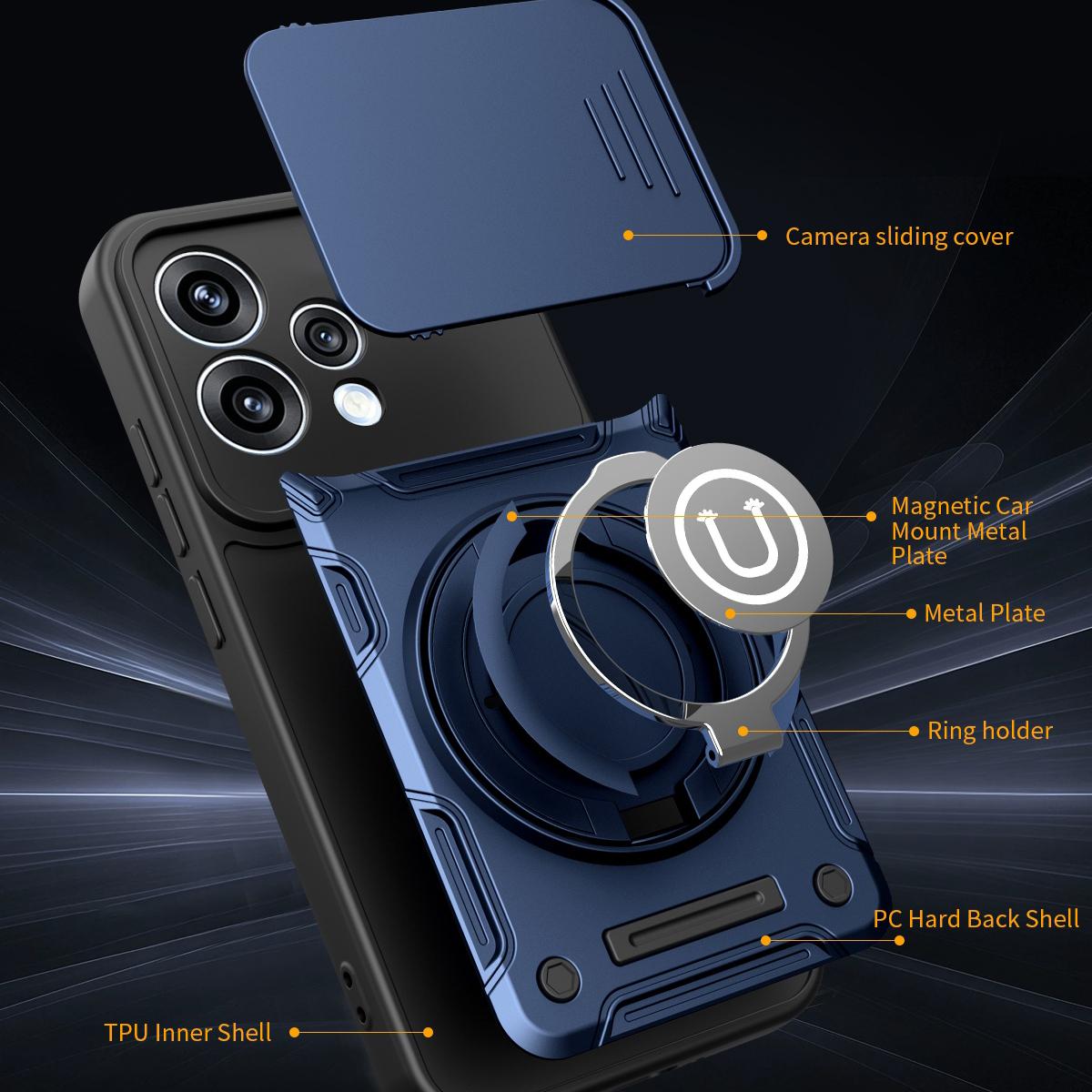 OPPO Reno15 Pro 5G Magnetic Sliding Camshield Holder Phone Case with Lens Protection Cover, Built-in Kickstand, Shockproof PC TPU Back Cover, Car Mount Compatible Protective Case