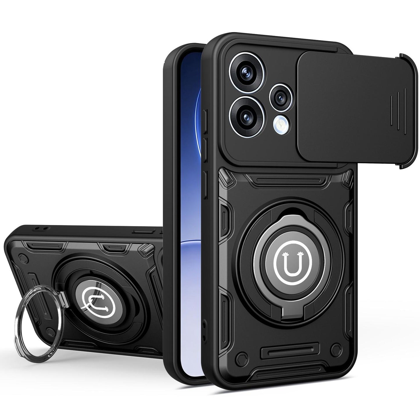 OPPO Reno15 Pro 5G Magnetic Sliding Camshield Holder Phone Case with Lens Protection Cover, Built-in Kickstand, Shockproof PC TPU Back Cover, Car Mount Compatible Protective Case