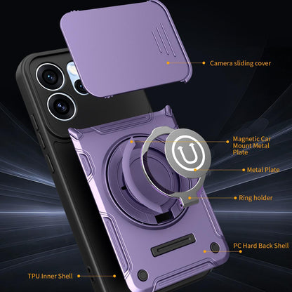 OPPO Reno15 Pro Max 5G Magnetic Sliding Camshield Holder Phone Case with Lens Protection Cover, Built-in Kickstand, Shockproof PC TPU Back Cover, Car Mount Compatible Protective Case