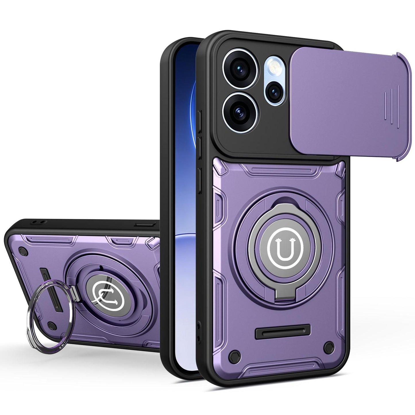 OPPO Reno15 Pro Max 5G Magnetic Sliding Camshield Holder Phone Case with Lens Protection Cover, Built-in Kickstand, Shockproof PC TPU Back Cover, Car Mount Compatible Protective Case