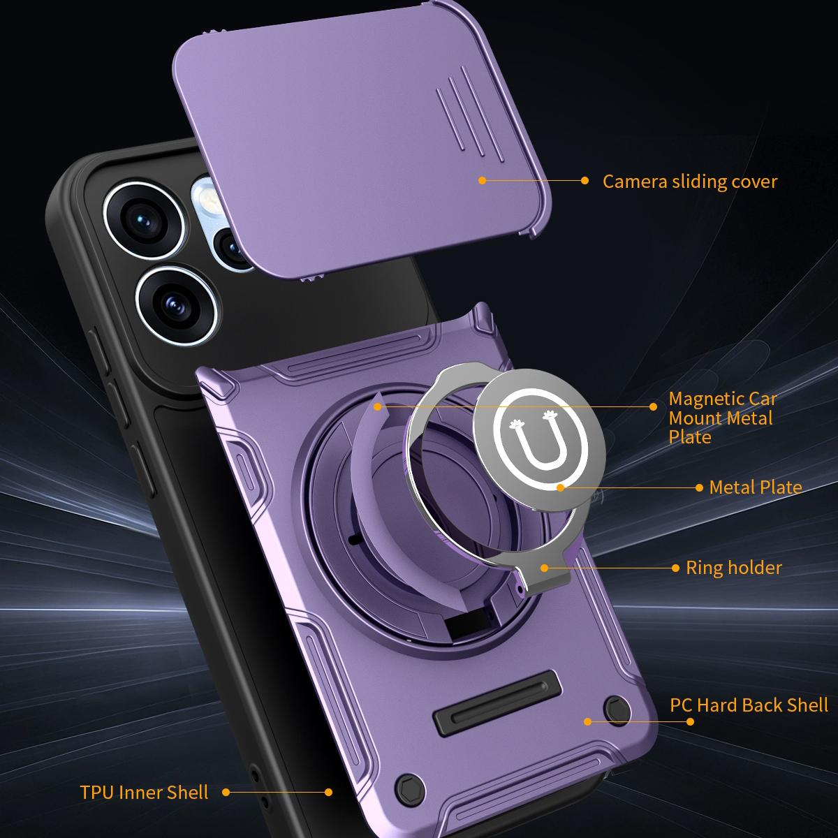 OPPO Reno15 Pro Max 5G Magnetic Sliding Camshield Holder Phone Case with Lens Protection Cover, Built-in Kickstand, Shockproof PC TPU Back Cover, Car Mount Compatible Protective Case
