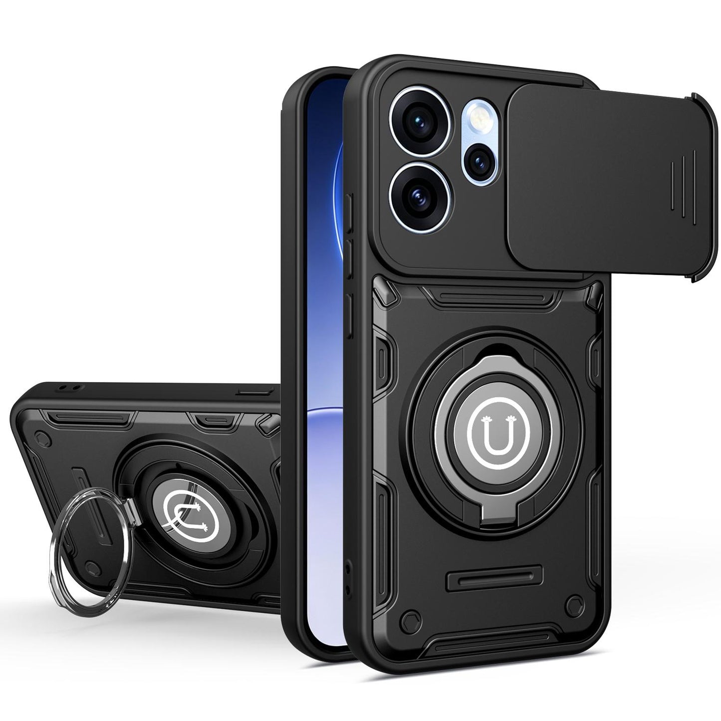 OPPO Reno15 Pro Max 5G Magnetic Sliding Camshield Holder Phone Case with Lens Protection Cover, Built-in Kickstand, Shockproof PC TPU Back Cover, Car Mount Compatible Protective Case