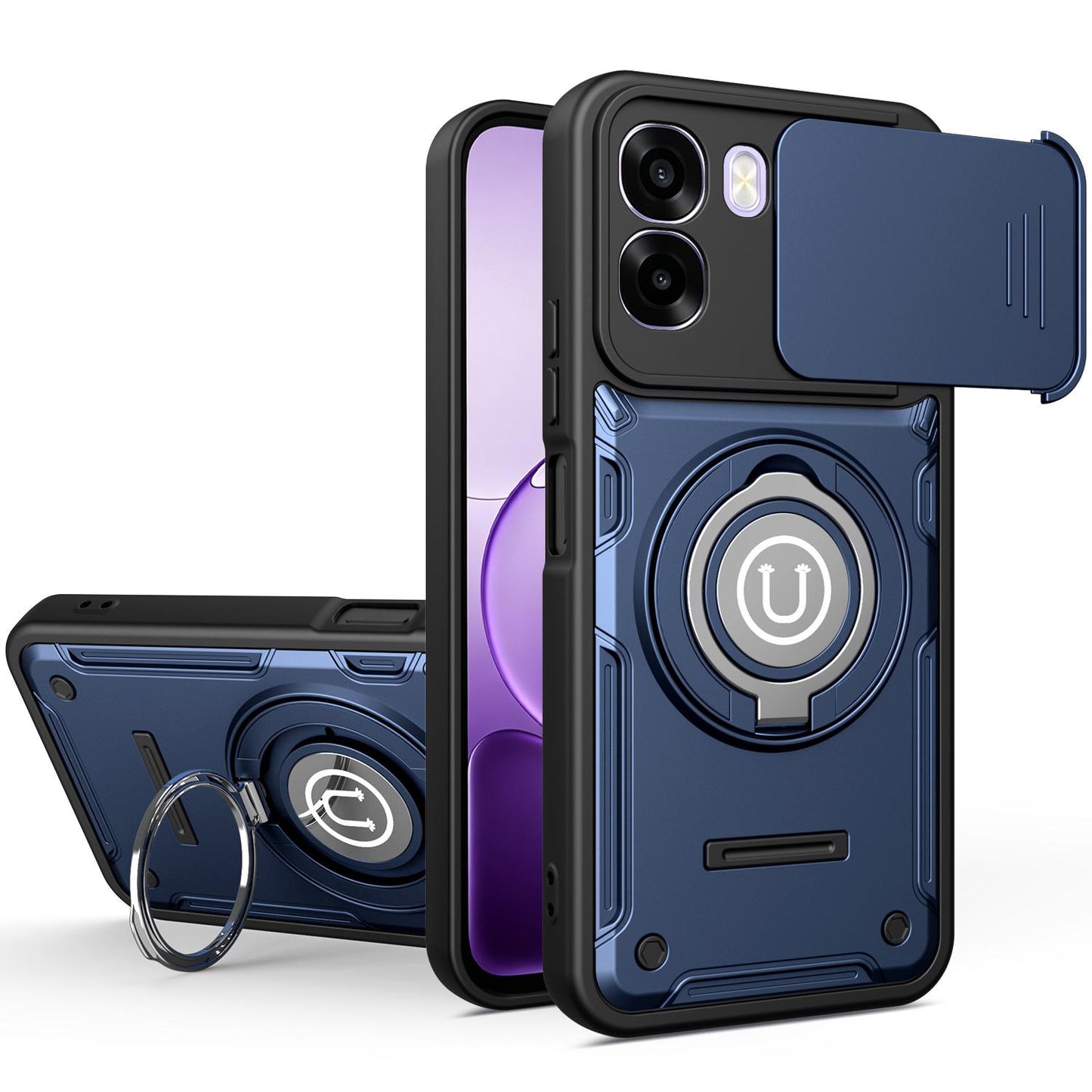 OPPO A5x 4G Magnetic Sliding Camshield Holder Phone Case with Lens Protection Cover, Built-in Kickstand, Shockproof PC TPU Back Cover, Car Mount Compatible Protective Case