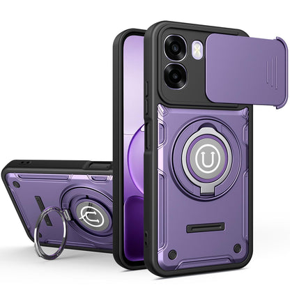 OPPO A5x 4G Magnetic Sliding Camshield Holder Phone Case with Lens Protection Cover, Built-in Kickstand, Shockproof PC TPU Back Cover, Car Mount Compatible Protective Case