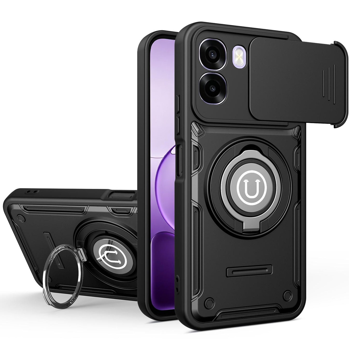 OPPO A5x 4G Magnetic Sliding Camshield Holder Phone Case with Lens Protection Cover, Built-in Kickstand, Shockproof PC TPU Back Cover, Car Mount Compatible Protective Case