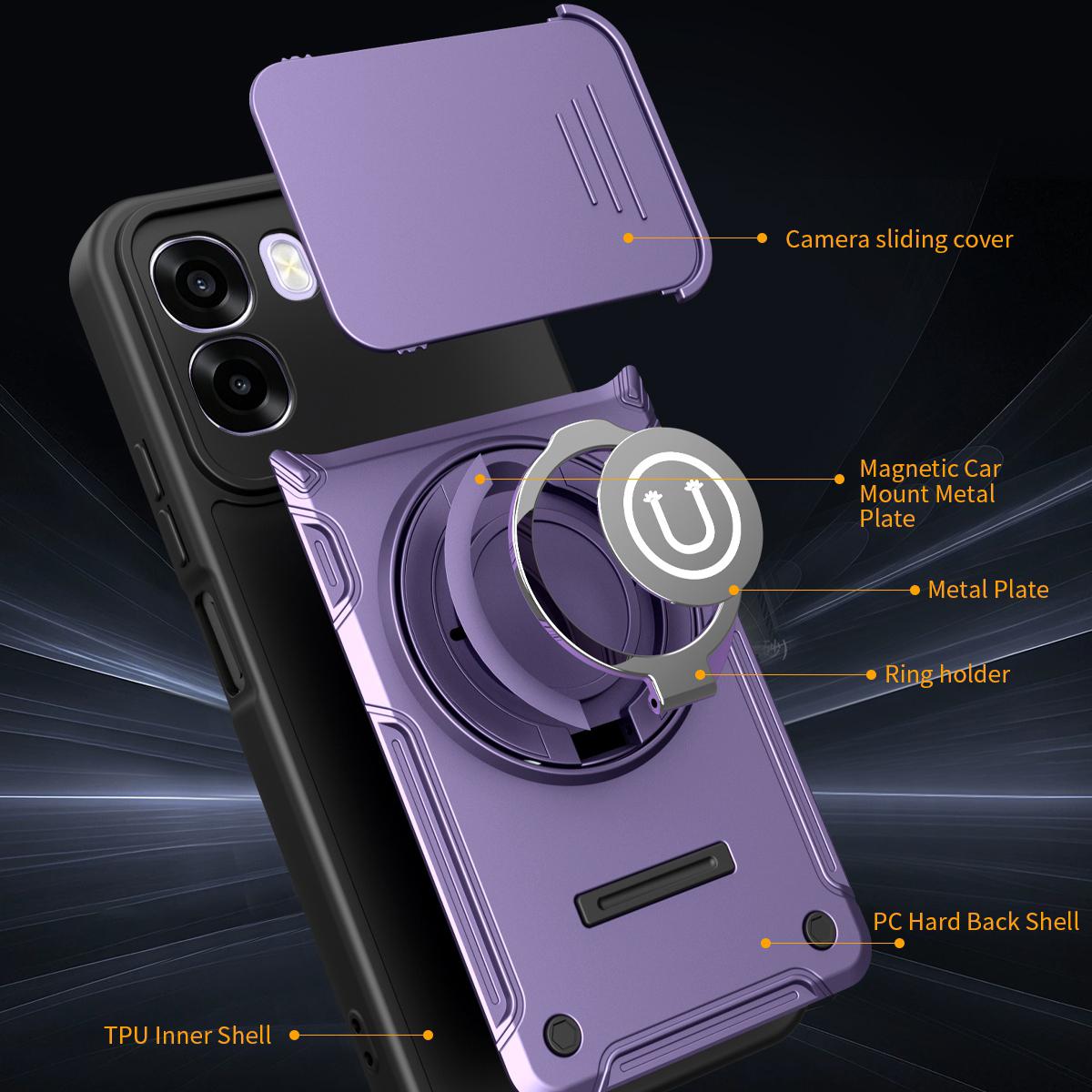 OPPO A5x 4G Magnetic Sliding Camshield Holder Phone Case with Lens Protection Cover, Built-in Kickstand, Shockproof PC TPU Back Cover, Car Mount Compatible Protective Case