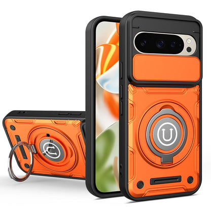 Google Pixel 9 Magnetic Sliding Camshield Holder Phone Case with Lens Protection Cover, Built-in Kickstand, Shockproof PC TPU Back Cover, Car Mount Compatible Protective Case