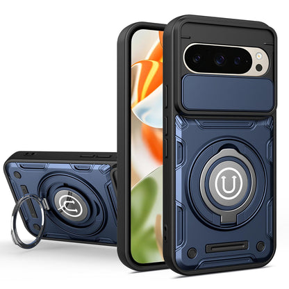 Google Pixel 9 Magnetic Sliding Camshield Holder Phone Case with Lens Protection Cover, Built-in Kickstand, Shockproof PC TPU Back Cover, Car Mount Compatible Protective Case