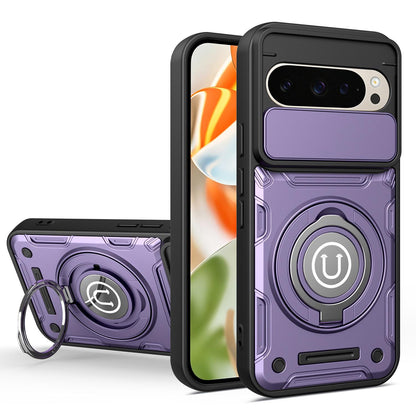 Google Pixel 9 Magnetic Sliding Camshield Holder Phone Case with Lens Protection Cover, Built-in Kickstand, Shockproof PC TPU Back Cover, Car Mount Compatible Protective Case