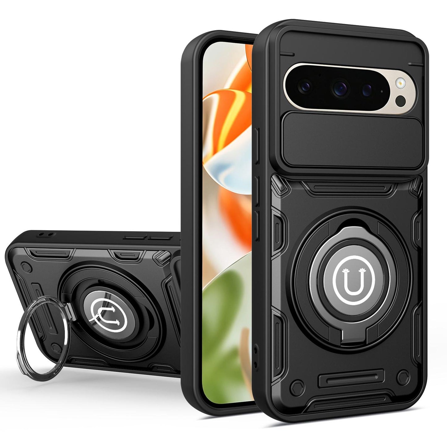 Google Pixel 9 Magnetic Sliding Camshield Holder Phone Case with Lens Protection Cover, Built-in Kickstand, Shockproof PC TPU Back Cover, Car Mount Compatible Protective Case