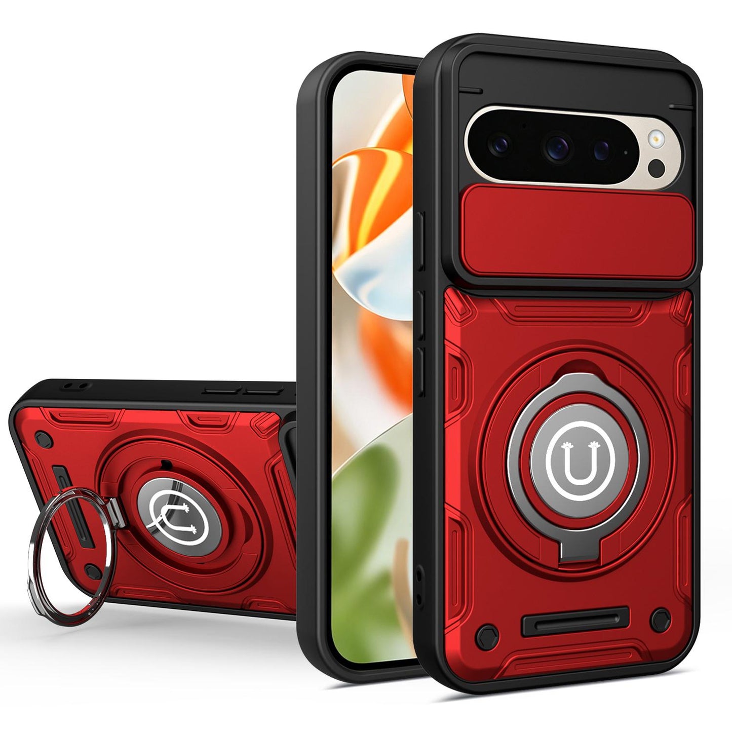 Google Pixel 9 Magnetic Sliding Camshield Holder Phone Case with Lens Protection Cover, Built-in Kickstand, Shockproof PC TPU Back Cover, Car Mount Compatible Protective Case