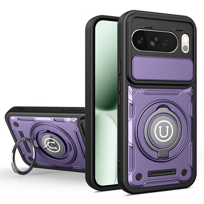 Google Pixel 10 Pro XL 5G Magnetic Sliding Camshield Holder Phone Case with Lens Protection Cover, Built-in Kickstand, Shockproof PC TPU Back Cover, Car Mount Compatible Protective Case