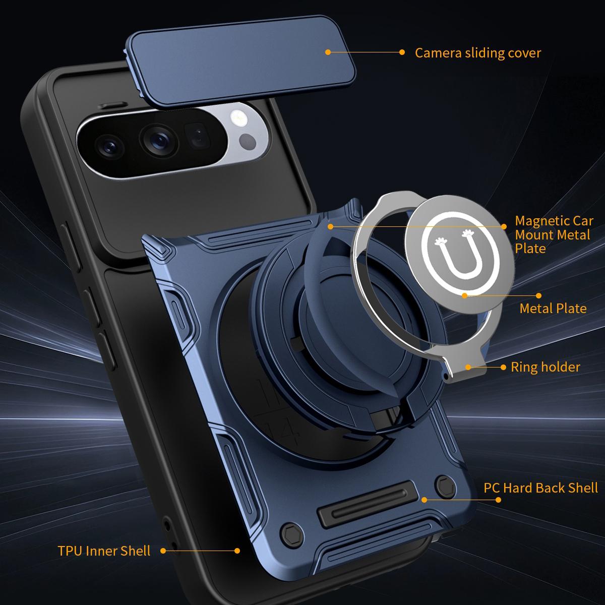 Google Pixel 10 Magnetic Sliding Camshield Holder Phone Case with Lens Protection Cover, Built-in Kickstand, Shockproof PC TPU Back Cover, Car Mount Compatible Protective Case